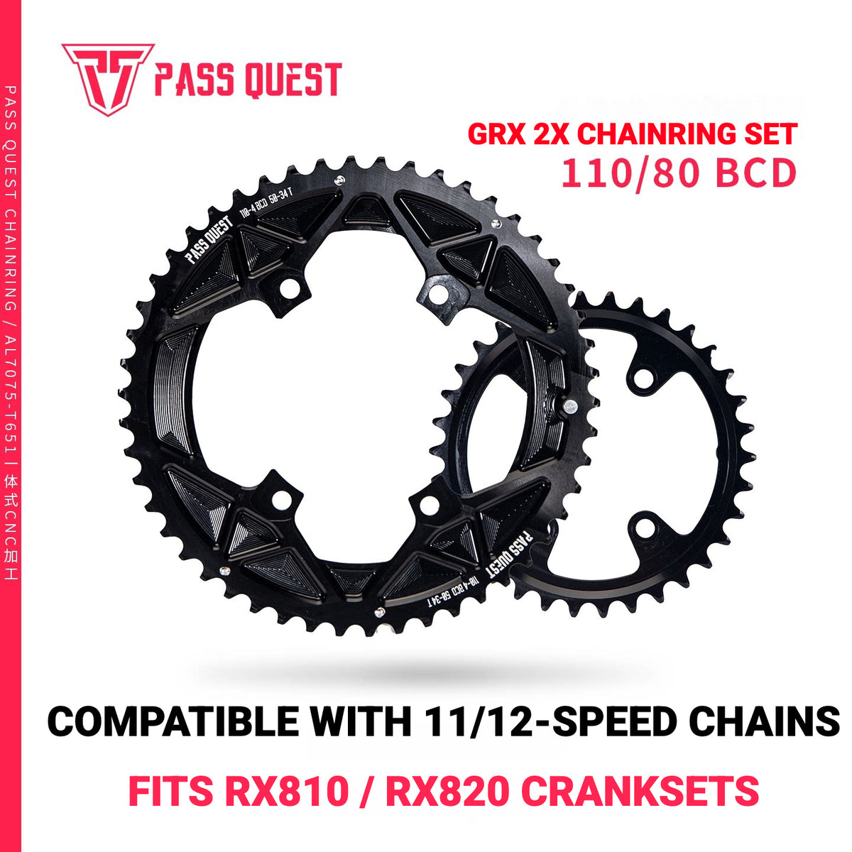 PASS QUEST 110/80BCD Chainring Set for Shimano GRX RX810 / RX820 | 2x 11/12-Speed 44/28T–52/36T