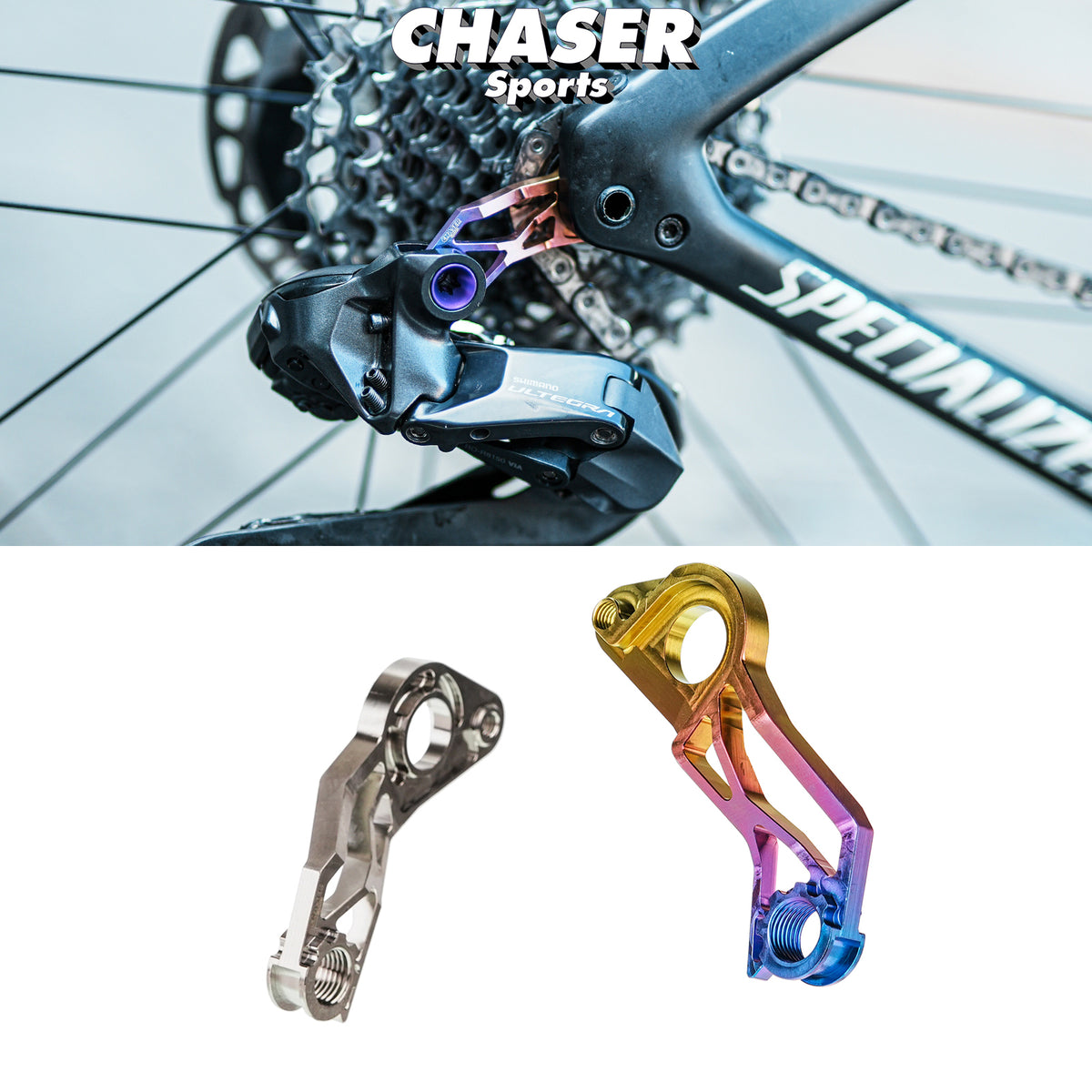 Chaser X Suporte de Câmbio Traseiro Direct-Mount | TC4 Titânio CNC | Compatível com Aethos / Tarmac / CruX / Diverge / Roubaix / Shiv TT Quadros com Freio a Disco (Apenas Shimano, Não Compatível com Allez)