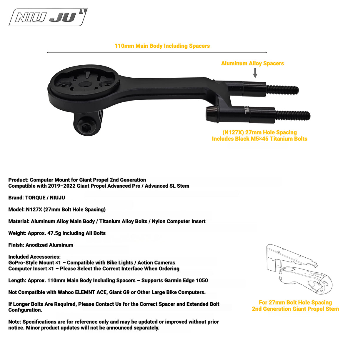 NIUJU CNC Aluminum Computer Mount for Giant Propel Advanced Pro / SL 2019–2022 | Garmin Wahoo