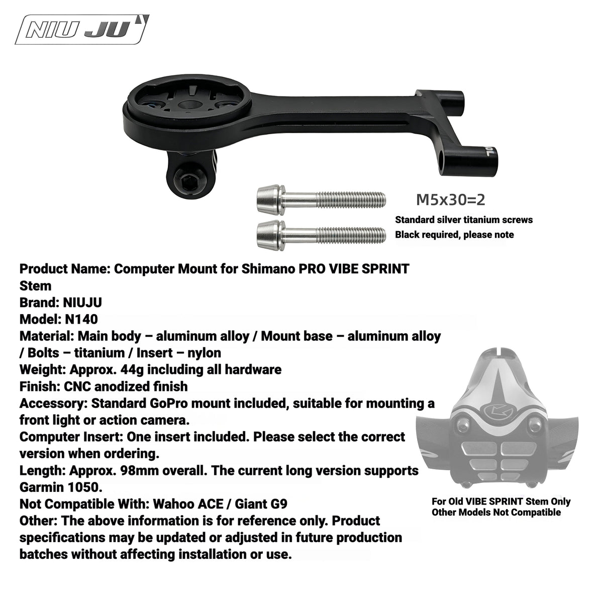 NIUJU Computer Mount for Shimano PRO VIBE SPRINT Stem | Garmin Wahoo Bike Mount