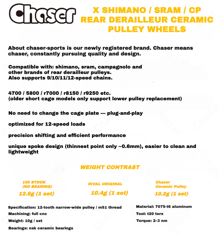 Chaser-Sports Roldana de Câmbio Traseiro Cerâmica 12T – 10,2g – Compatível com Shimano / SRAM / Campagnolo – 9/10/11/12 Velocidades