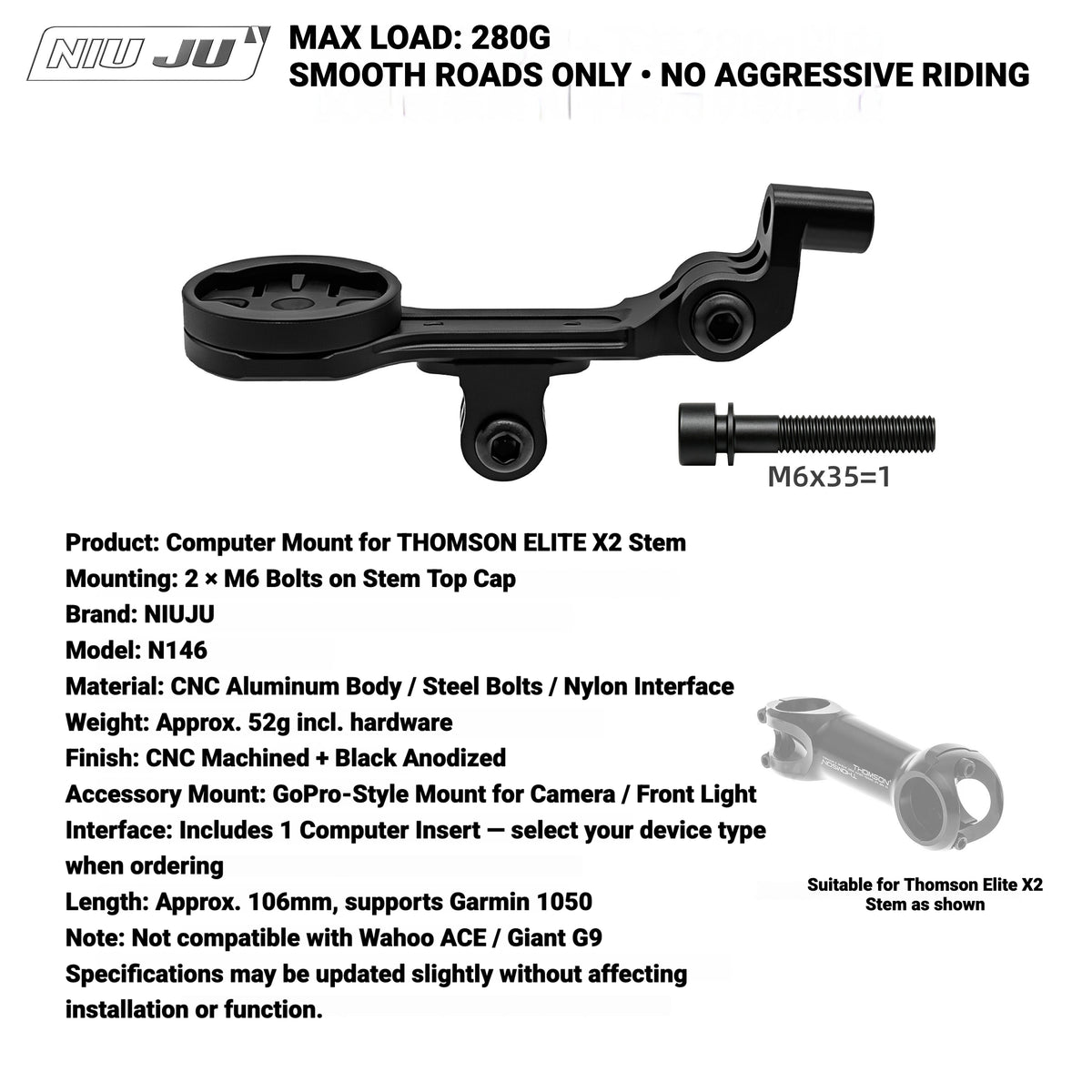NIUJU Torque Computer Mount for THOMSON ELITE X2 Stem | M6 Single-Bolt Garmin / Wahoo & Camera Mount