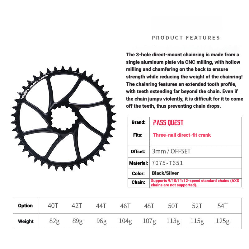 PASS QUEST 3-Bolt Direct Mount Chainring | 3mm Offset 40T–54T Narrow Wide Gravel / Road Bike