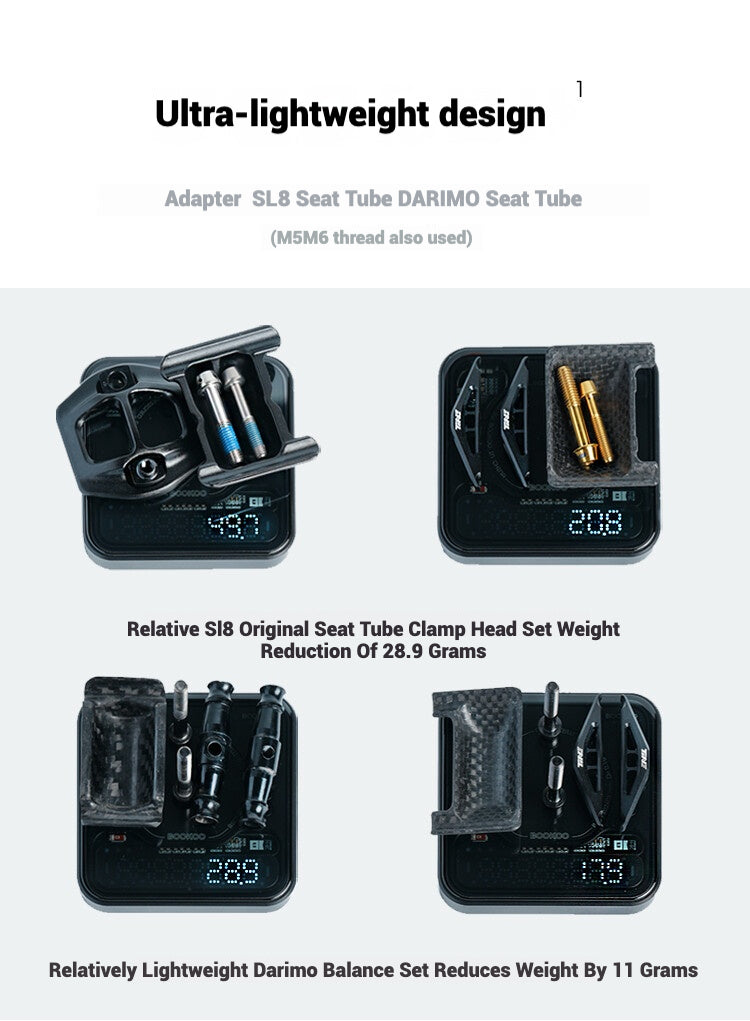 Collier de selle et système de réglage ultra-léger TiNE 6,8 g | Compatible avec tiges de selle Specialized SL9/SL8 Aethos, Colnago et DARIMO | Précision en titane CNC