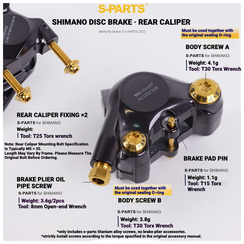 Kit de boulons en titane S-PARTS pour Shimano Ultegra Di2 R8170, frein à disque et levier de vitesses | Mise à niveau vélo de route