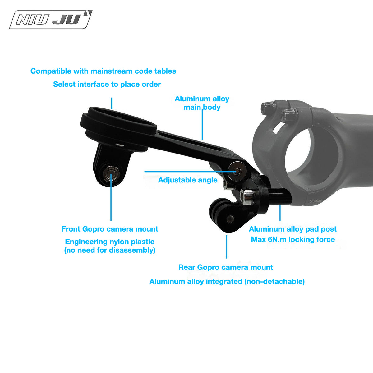 Adjustable Bike Computer Mount for Garmin & Wahoo | Dual GoPro Camera & Bike Light Mount