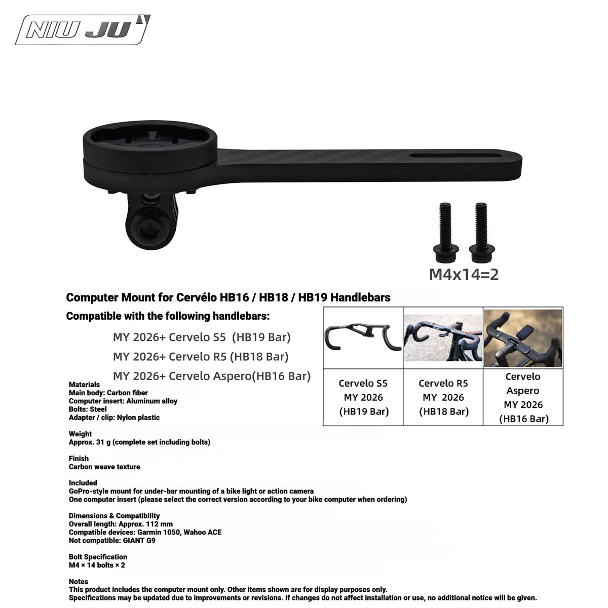 NIUJU Carbon Computer Mount for Cervelo S5 / R5 / Aspero MY2026+ (HB19 / HB18 / HB16 Bars)