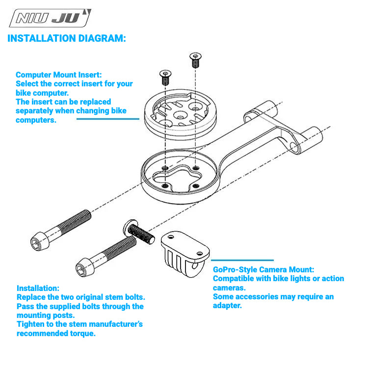 NIUJU Computer Mount for FSA KFX -12° MTB Stem | Garmin Bike Mount