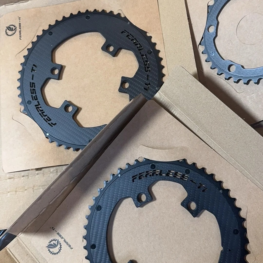 Fearless-Ti Carbon Fiber Chainrings 110BCD 4-Bolt|50-34 / 52-36 / 54-40 / 54-38|For XXE GP3 & SRAM RED|Titanium Bolts Included