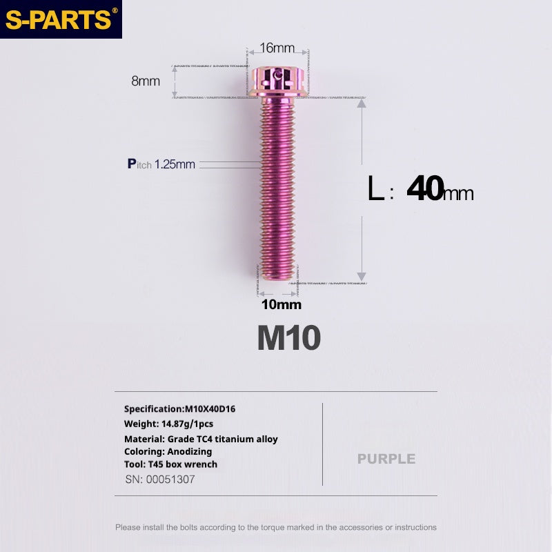 SPARTS ROXO SÉRIE A3 PARAFUSOS DE TITÂNIO M10 L12-120mm PARA MOTOCICLETA E AUTOMÓVEL