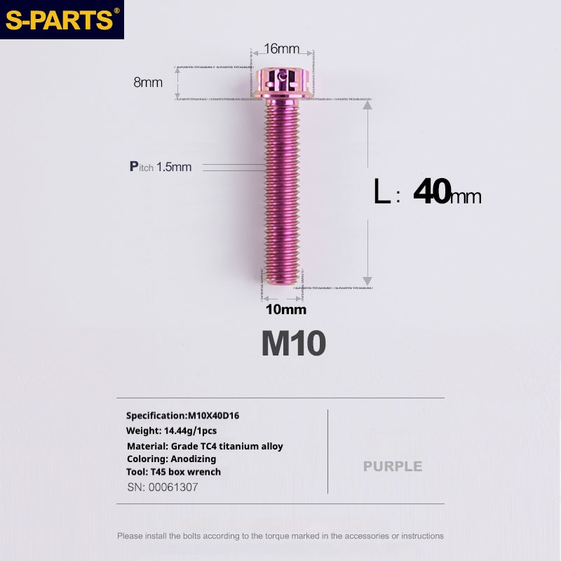 SPARTS ROXO SÉRIE A3 PARAFUSOS DE TITÂNIO M10 L12-120mm PARA MOTOCICLETA E AUTOMÓVEL