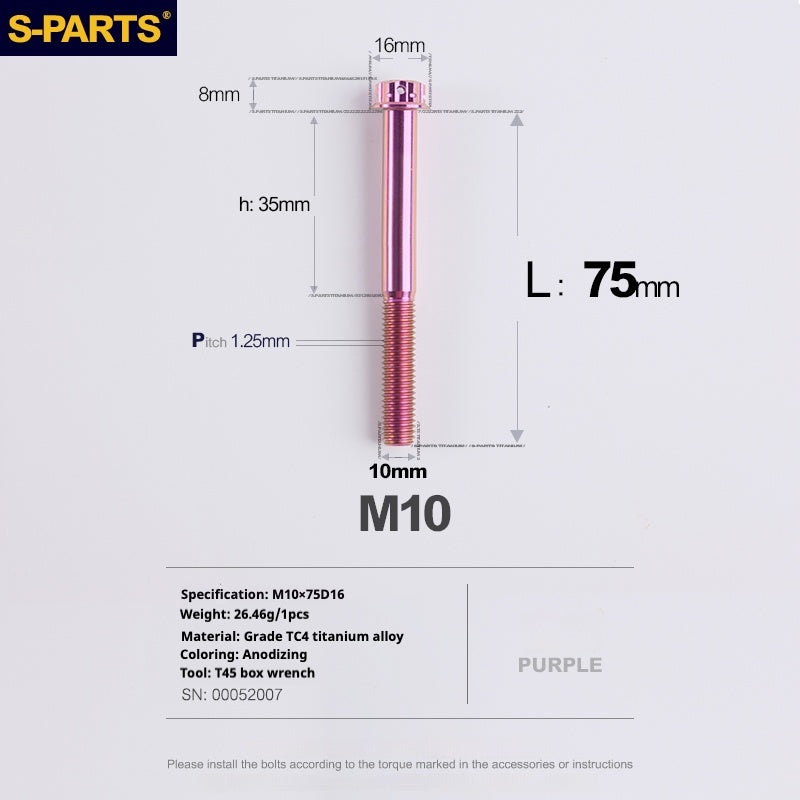 SPARTS ROXO SÉRIE A3 PARAFUSOS DE TITÂNIO M10 L12-120mm PARA MOTOCICLETA E AUTOMÓVEL