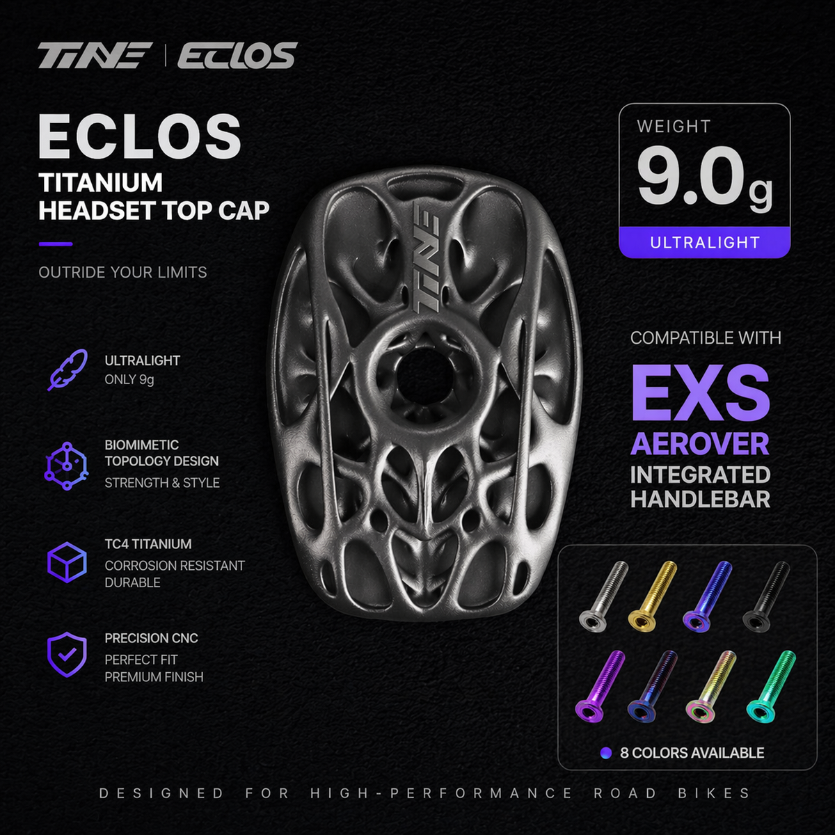 TiNE Eclos Biomimetic Topology Titanium Headset Top Cap for EXS AEROVER Integrated Handlebar 9g Lightweight Road Bike Upgrade