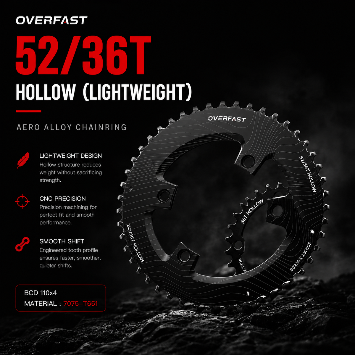 OVERFAST Aero & Lightweight Alloy Chainring Set | 50/34T & 52/36T | 110x4 BCD