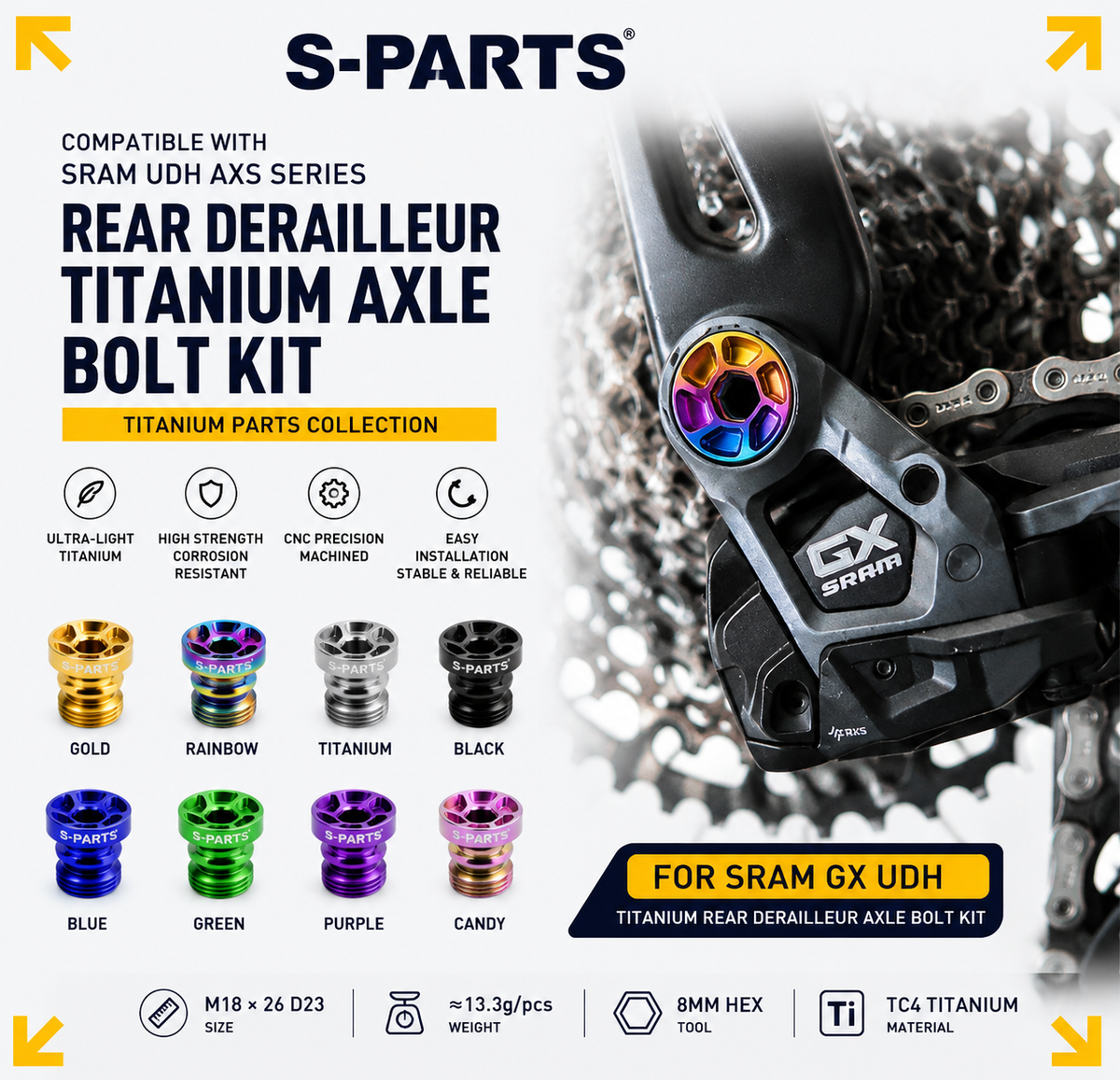S-PARTS Titanium Rear Derailleur Axle for SRAM GX UDH | TC4 Titanium | M18×26 D23