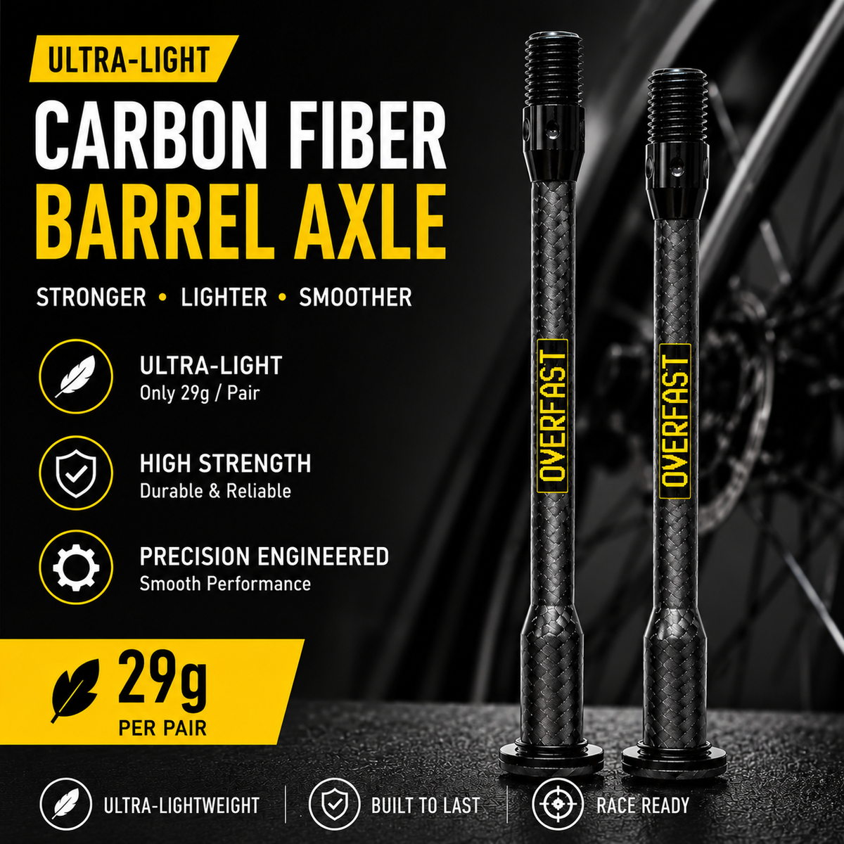 OVERFAST 29g Ultra-Light Carbon Fiber Thru Axle Set | Customized Specifications Available