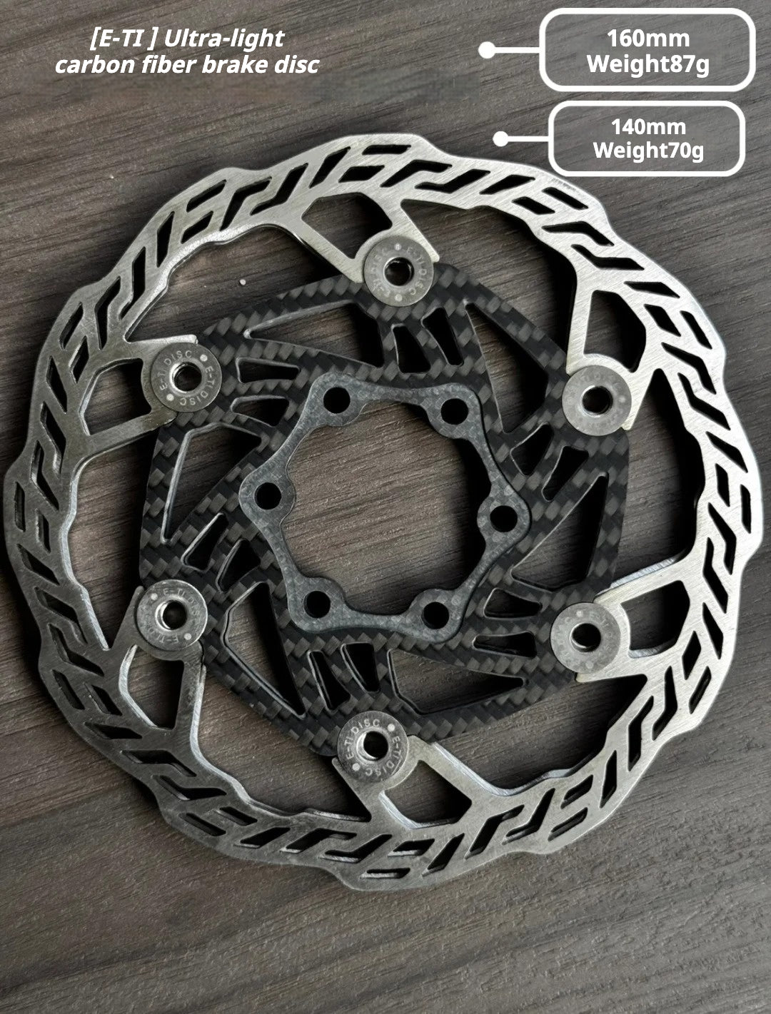 E-TI Rotor de Freio a Disco de Carbono Ultra-Leve | 160mm / 140mm | 87g / 66g | Rebites de Titânio | Centerlock | Aço Inoxidável CNC de Alta Dureza