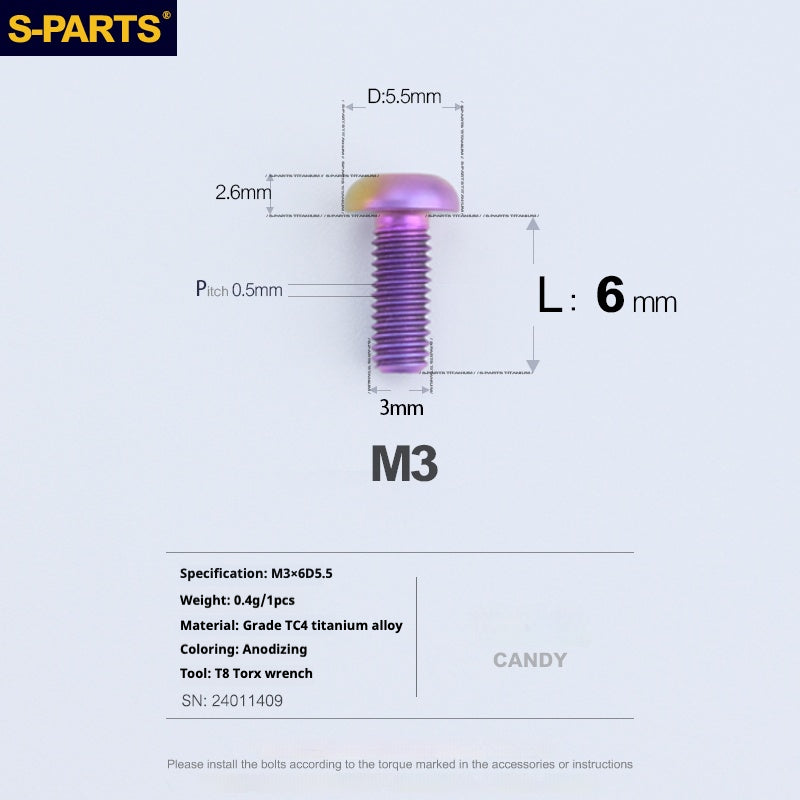 S-PARTS vélo de montagne et de route vis en alliage de titane M3*6/8/10/12/15 mm à tête parapluie