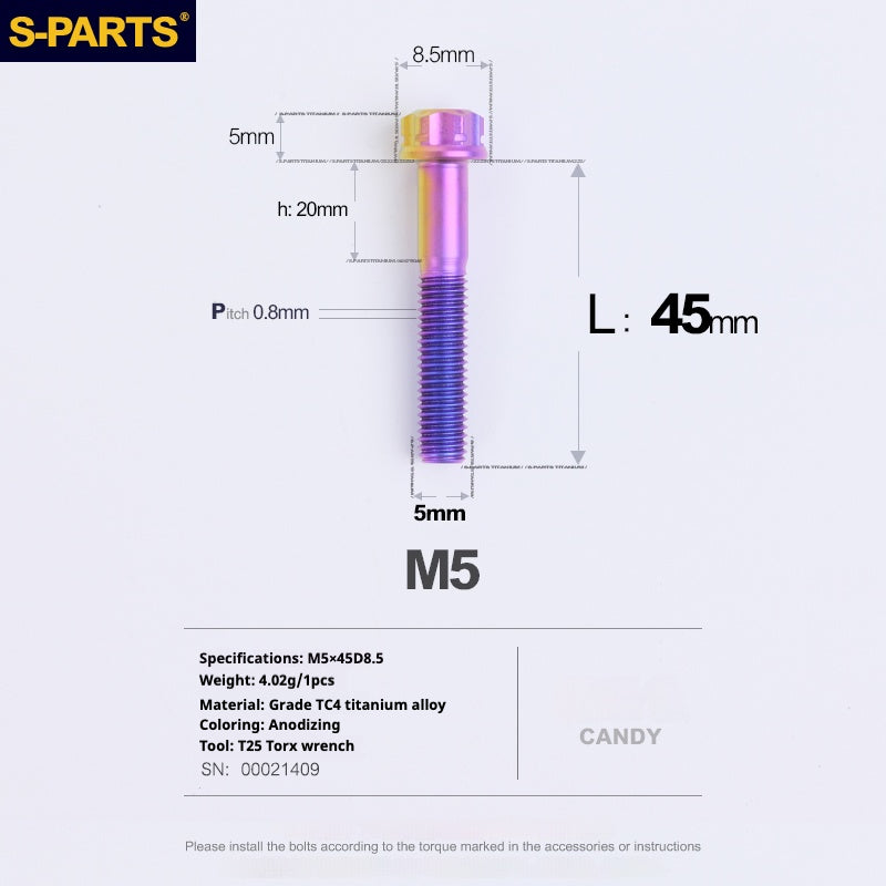 SPARTS Parafusos de Titânio Coloridos Candy Série A3 M5 L06-95mm para Motocicleta/Automóvel