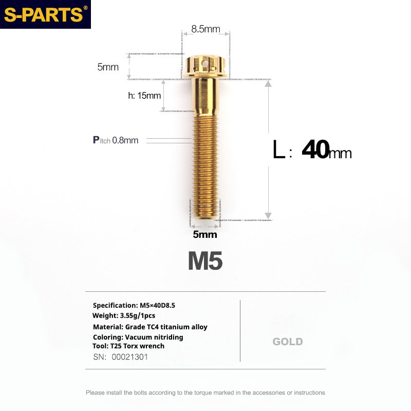 SPARTS Golden A3 Series M5 L06-95mm Viti in titanio dorato per motociclette Auto
