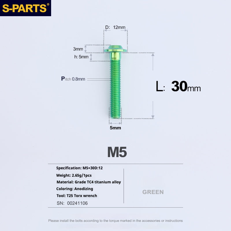 S-PARTS M5 10-30MM Motociclo Veicolo elettrico A3 Nuovo ombrello Testa D12 Vite in lega di titanio
