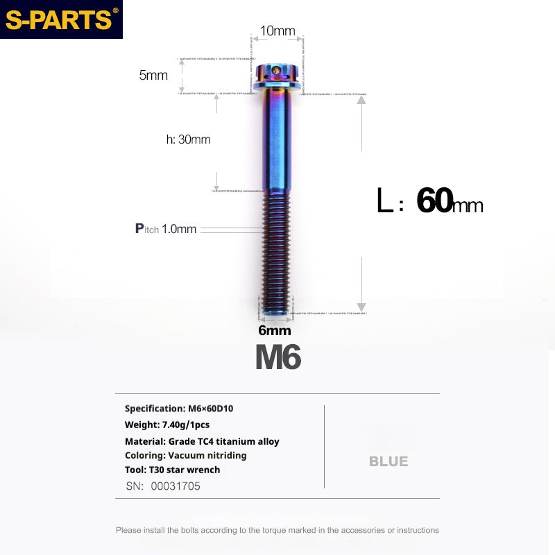 SPARTS Série A3 M6 L08-120 mm Vis en titane bleu pour moto et auto