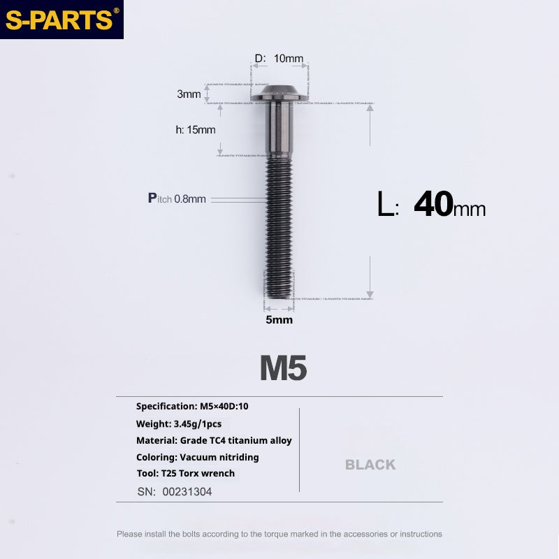 Vite in titanio per motocicletta elettrica S-PARTS A3 con testa a ombrello M5 L06-55mm D10