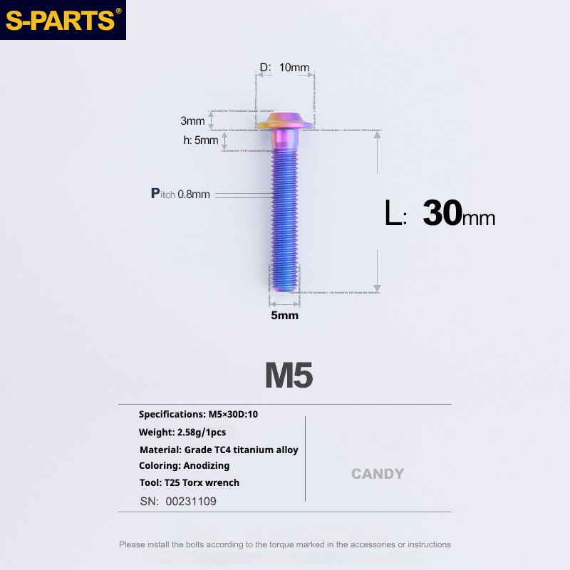 Vite in titanio per motocicletta elettrica S-PARTS A3 con testa a ombrello M5 L06-55mm D10