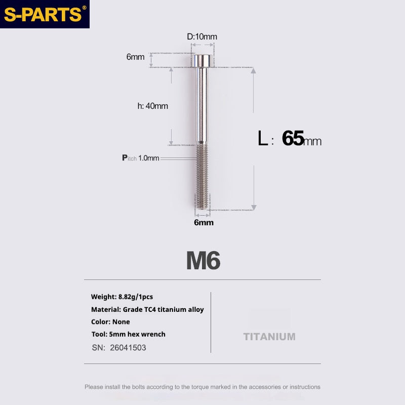S-PARTS M6x30/40/35/50/60/70 Coperchio cuffia Pinza freno a disco Vite testa stelo in lega di titanio
