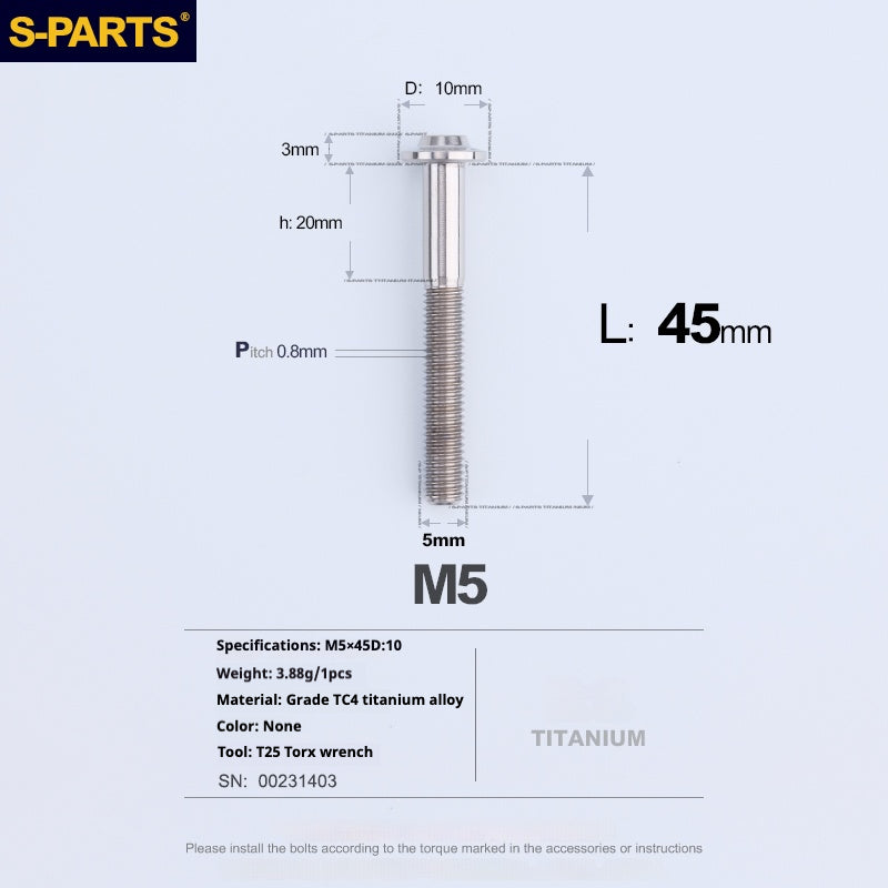 Vite in titanio per motocicletta elettrica S-PARTS A3 con testa a ombrello M5 L06-55mm D10