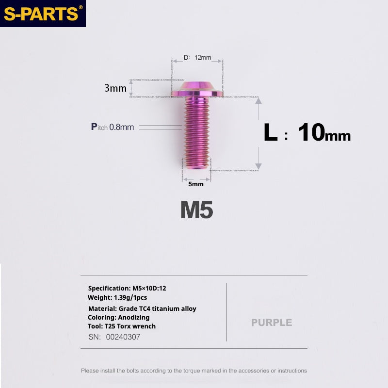 S-PARTS M5 10-30MM Motociclo Veicolo elettrico A3 Nuovo ombrello Testa D12 Vite in lega di titanio