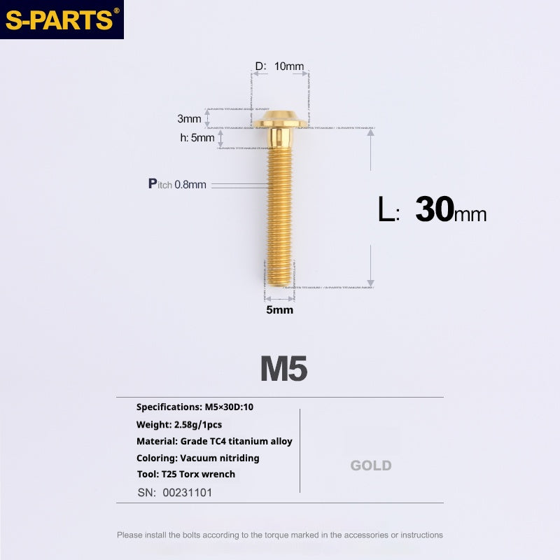 Vite in titanio per motocicletta elettrica S-PARTS A3 con testa a ombrello M5 L06-55mm D10