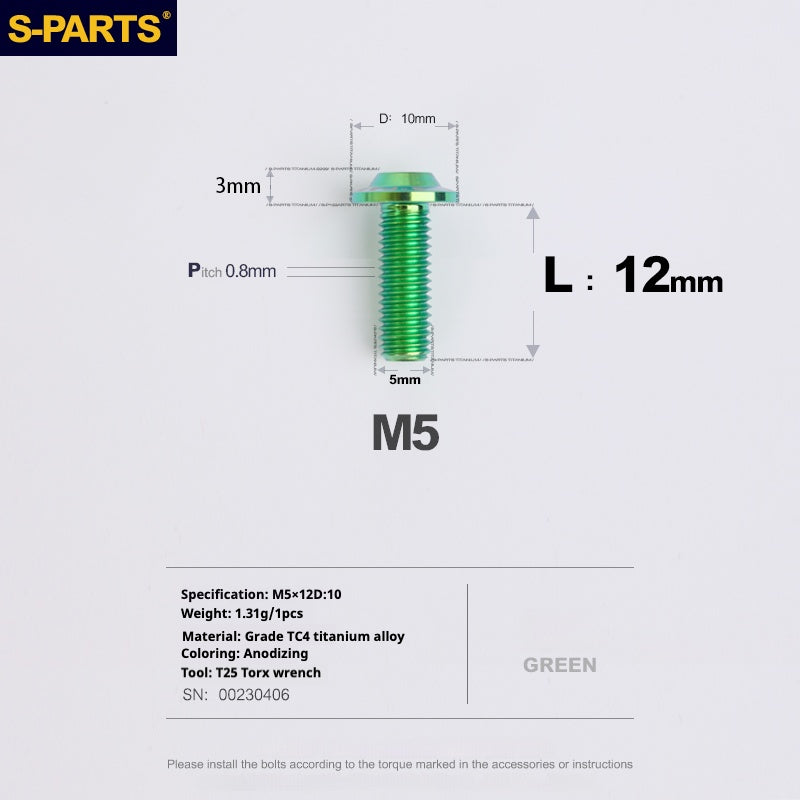 Vite in titanio per motocicletta elettrica S-PARTS A3 con testa a ombrello M5 L06-55mm D10