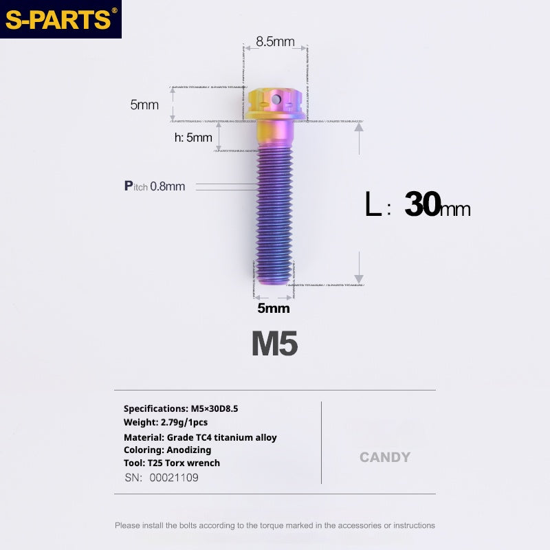 SPARTS Parafusos de Titânio Coloridos Candy Série A3 M5 L06-95mm para Motocicleta/Automóvel