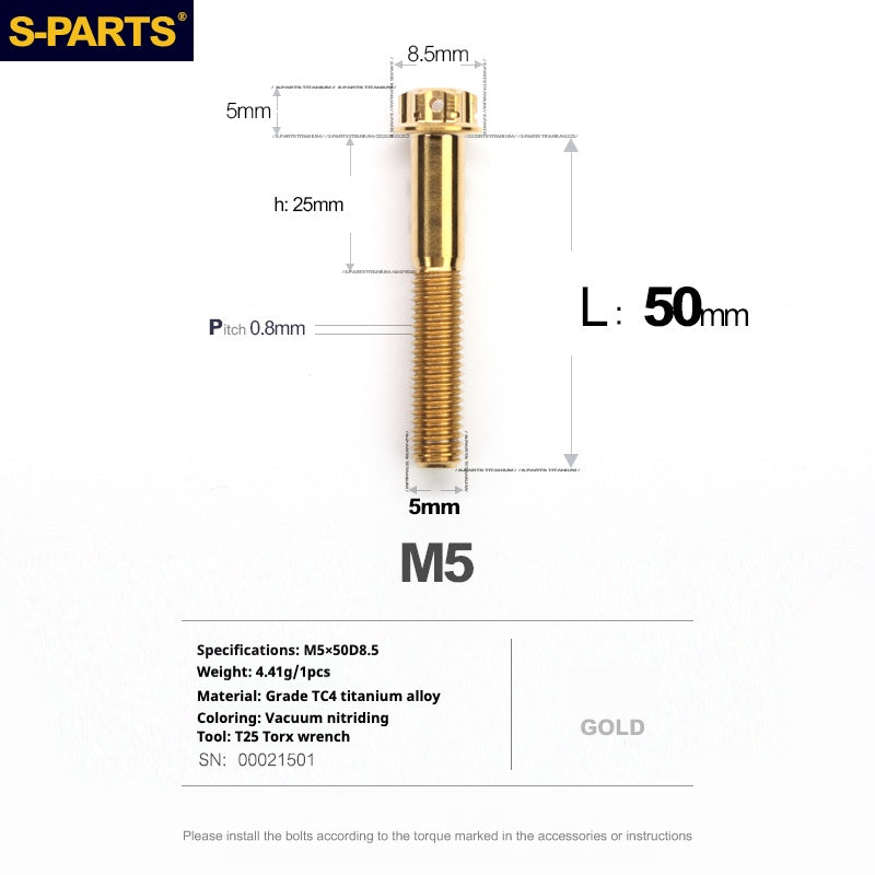 SPARTS Golden A3 Series M5 L06-95mm Viti in titanio dorato per motociclette Auto