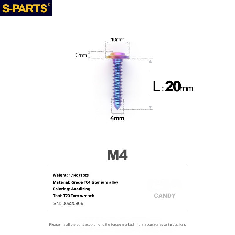 Vis auto-taraudeuses SPART A3 à tête parapluie, série fil, M4 L12-20mm D10 en titane pour moto et auto
