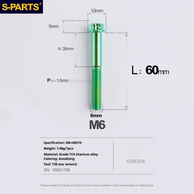 Viti in titanio verde SPARTS A3 Series M6 L08-120mm per motociclette e auto