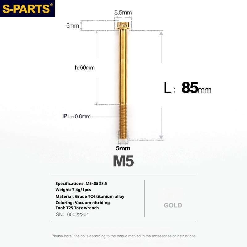 SPARTS Golden A3 Series M5 L06-95mm Viti in titanio dorato per motociclette Auto