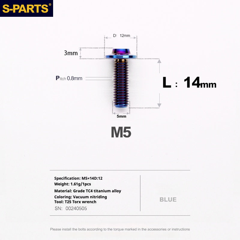 S-PARTS M5 10-30MM Motociclo Veicolo elettrico A3 Nuovo ombrello Testa D12 Vite in lega di titanio