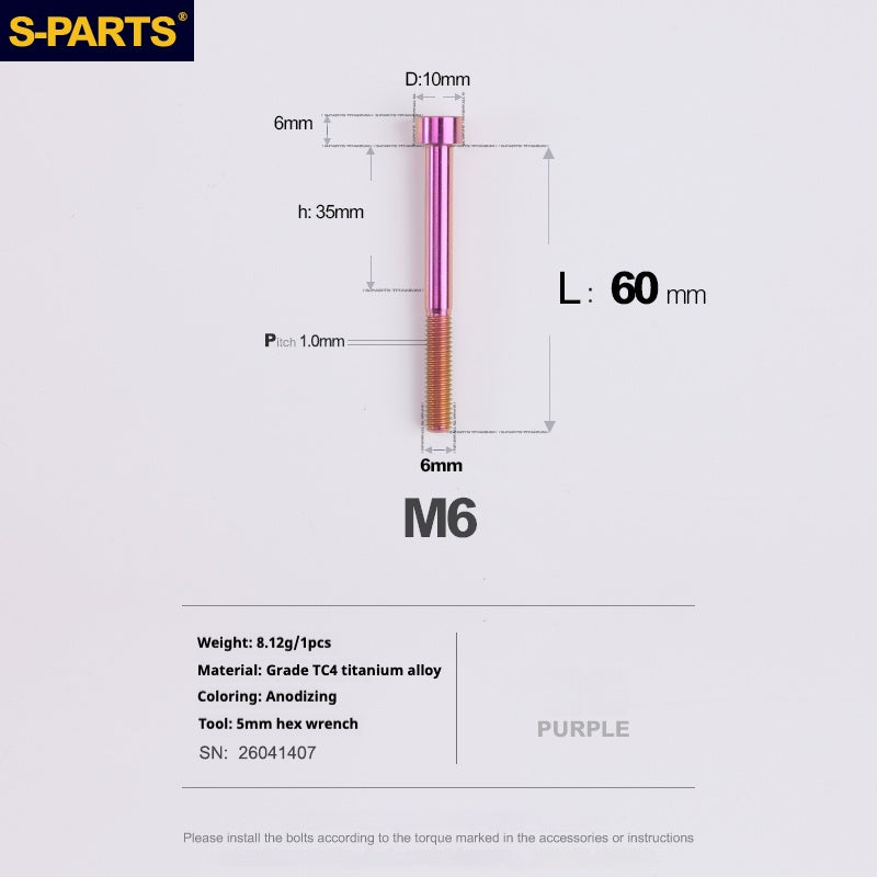 S-PARTS M6x30/40/35/50/60/70 Coperchio cuffia Pinza freno a disco Vite testa stelo in lega di titanio
