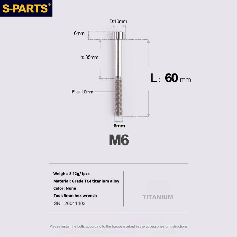 S-PARTS M6x30/40/35/50/60/70 Coperchio cuffia Pinza freno a disco Vite testa stelo in lega di titanio