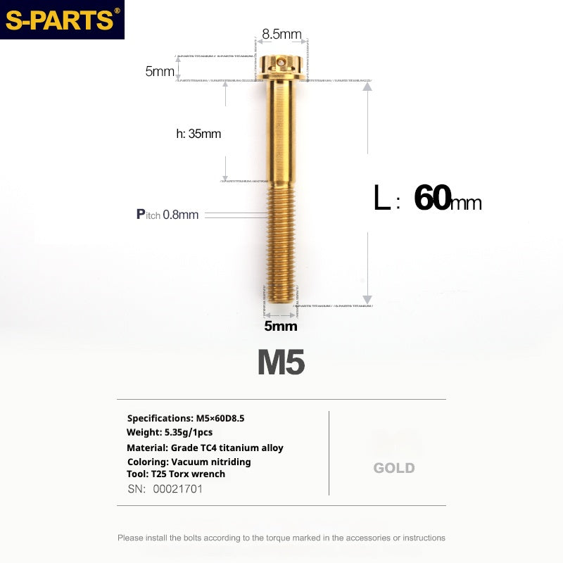 SPARTS Golden A3 Series M5 L06-95mm Viti in titanio dorato per motociclette Auto