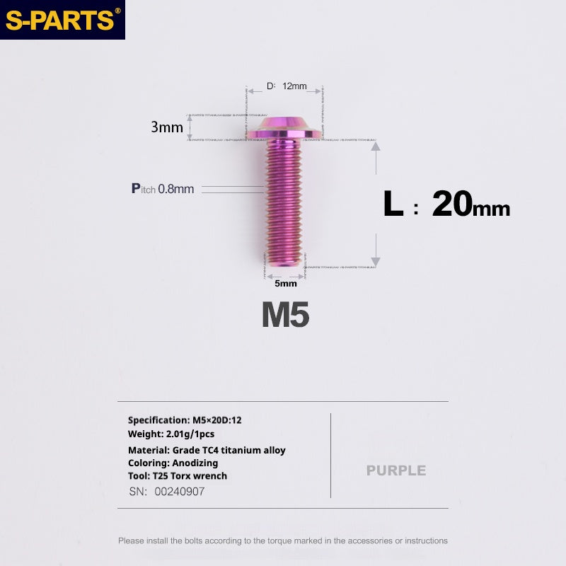 S-PARTS M5 10-30MM Motociclo Veicolo elettrico A3 Nuovo ombrello Testa D12 Vite in lega di titanio