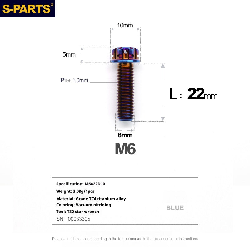 SPARTS Série A3 M6 L08-120 mm Vis en titane bleu pour moto et auto