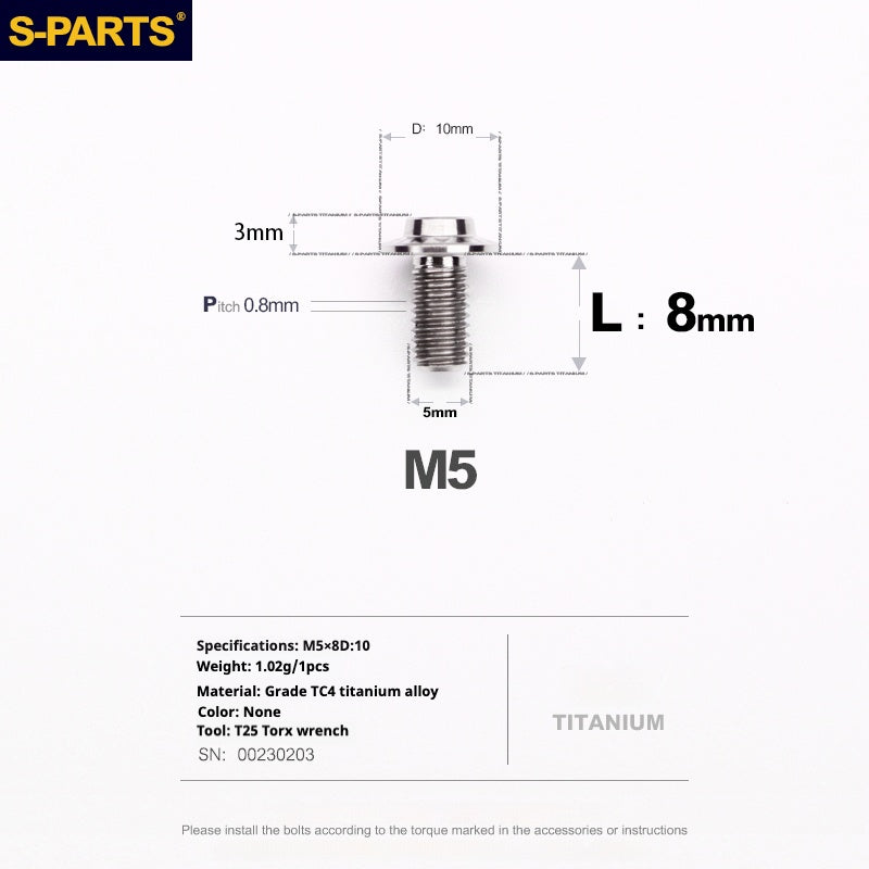 Vite in titanio per motocicletta elettrica S-PARTS A3 con testa a ombrello M5 L06-55mm D10