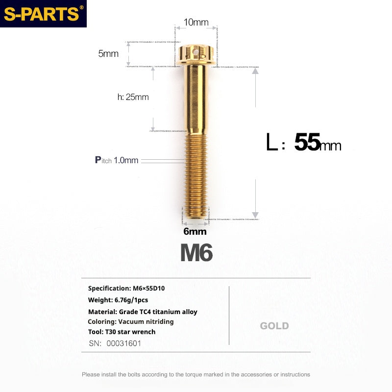 SPARTS A3 Serie M6 L08-120mm Viti in titanio dorato per motociclette Auto