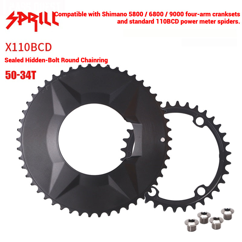 PASS QUEST SPRILL X110 3-S Full-Cover Hidden Bolt Dual Chainring | 7075 Alloy Aero Chainset | 50T-34T | 110BCD 4-Bolt