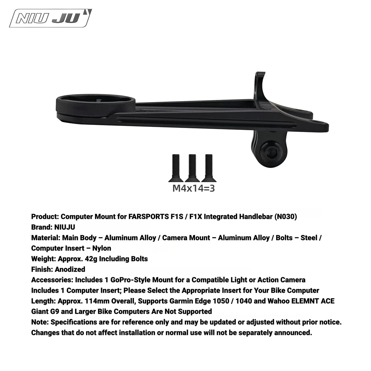 NIUJU Computer Mount for FARSPORTS F1s / F1X Integrated Handlebar | Garmin 1050 Wahoo ACE