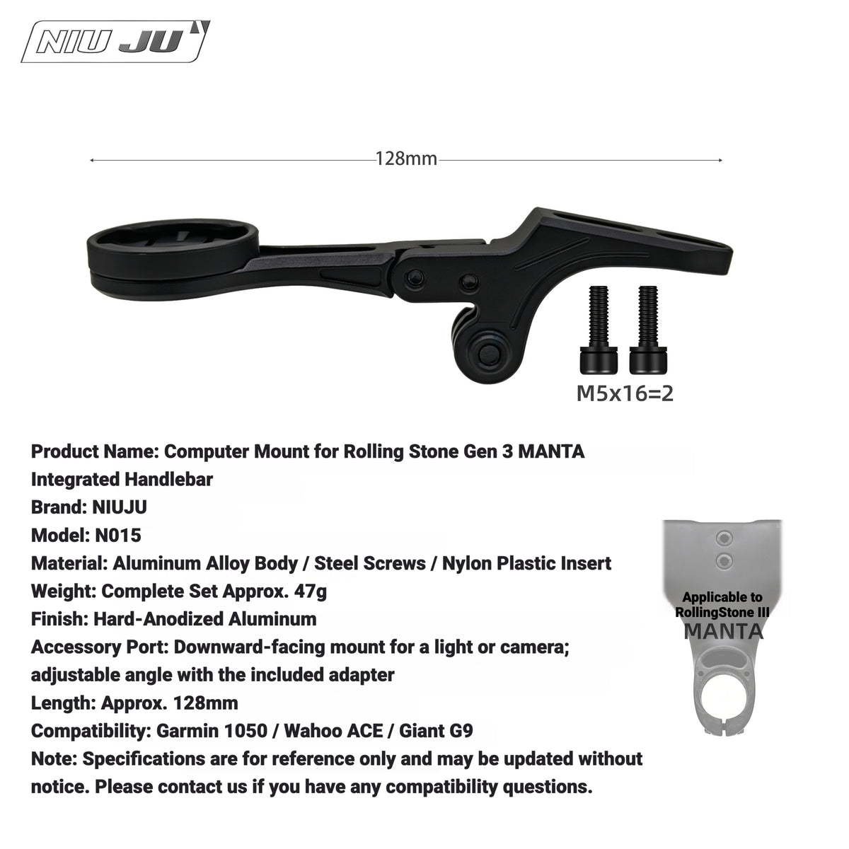 NIUJU Computer Mount for Rolling Stone Gen 3 MANTA Integrated Handlebar | Garmin 1050 / Wahoo ACE Compatible