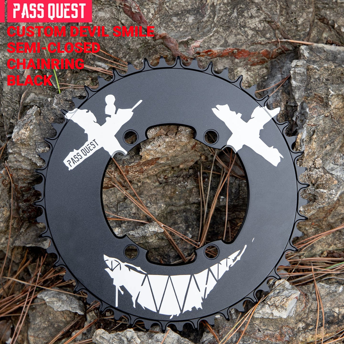 PASS QUEST Custom 110BCD Full-Profile Narrow-Wide Chainring | Checkerboard Devil Smile 1x Road Chainring